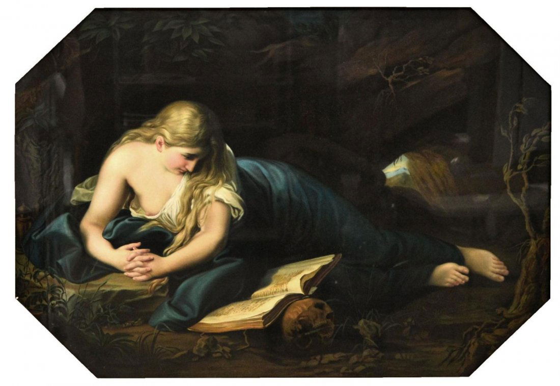 LARGE RESTORED PRINT, MARY MAGDALENE IN THE CAVE: Framed print, c. 1900, Mary Magdalene in the Cave, anonymous, restored and mounted on archival paper, housed in period octagonal frame, sight: 26.5"h, 38.25"w, overall: 30.75"h, 42.5"w, 16.5lbs ***Not