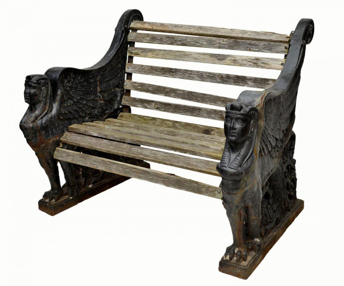 VICTORIAN CAST IRON SPHINX BENCH, C. 1900: British Victorian bench, c. 1900, the cast iron and filled ends formed as sphinx, similar in style generally attributed to SLB Iron Works, Sittingbourne, Kent, England, later wood slats, rusting, 39.5