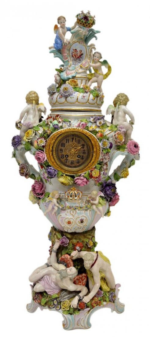 PALATIAL POTSCHAPPEL CARL THIEME PORCELAIN CLOCK: Palatial Dresden porcelain urn form clock with cover, Potschappel, Carl Thieme, late 19th c., the whole richly encrusted with an assortment of large polychrome flowers and leafy vines, a pair of scant