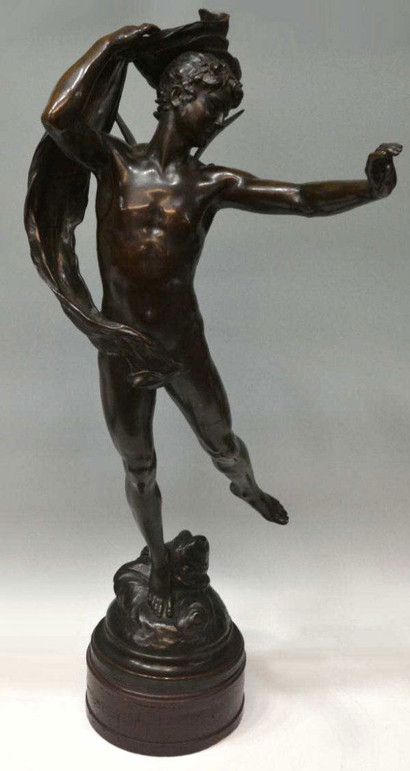 FRENCH BRONZE, WINGED MALE NUDE, EUGUENE MARIOTON: Large patinated bronze figure, a nude winged male wearing a detailed halo of floral garland and holding a flowing drape, stands upon a naturalistic base, signed Marioton (Eugène Marioton, French 1854