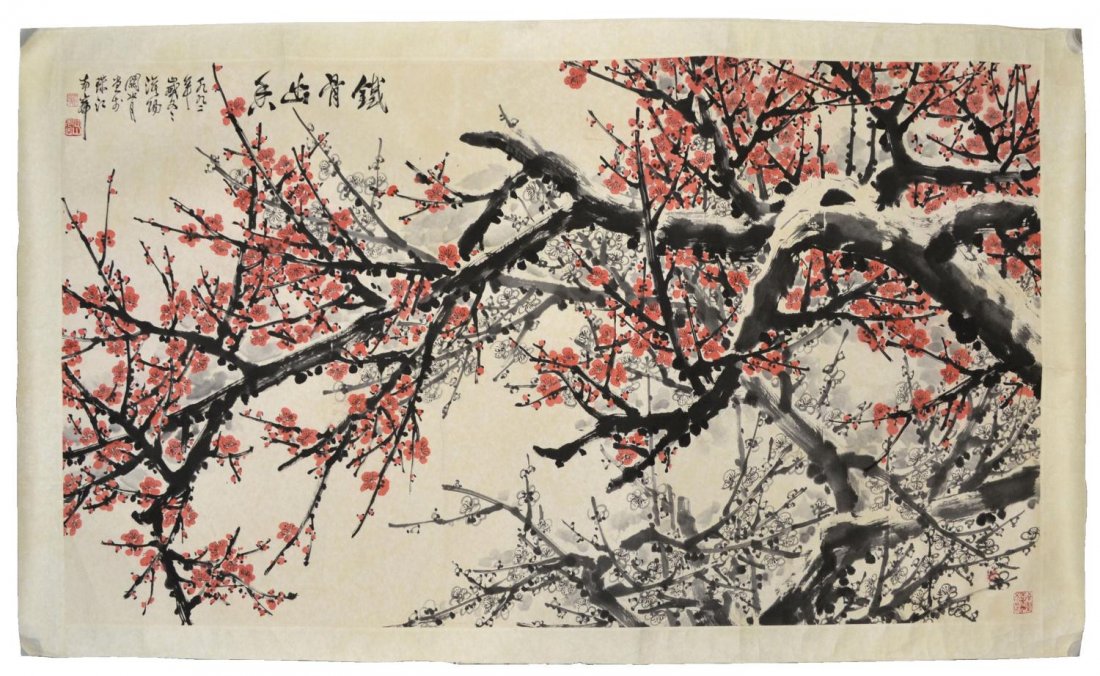 CHINESE INK & COLOR IN THE STYLE OF GUAN SHAN-YUE: Large Chinese ink and color on paper, in the style of Guan Shan-Yue, 20th c., a flowering cherry blossom tree, stamped bottom right, characters and seals top left, overall some creases, sight: 37"h, 6