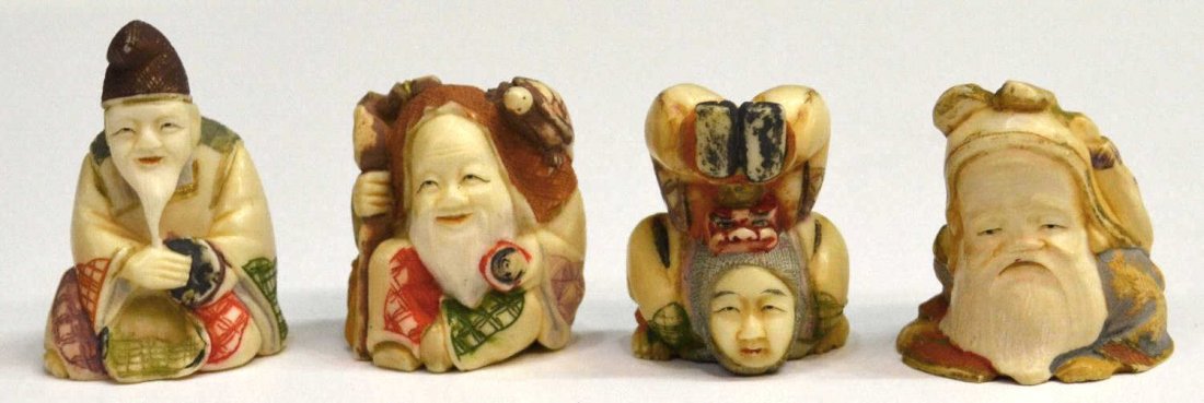 (4) JAPANESE POLYCHROMED IVORY NETSUKE: **This lot will not be shipped Internationally**(lot of 4) Japanese polychromed ivory figural netsuke: (1) Fukurokuju seated with his staff and holding a jewel, a small minogame crawling over his head