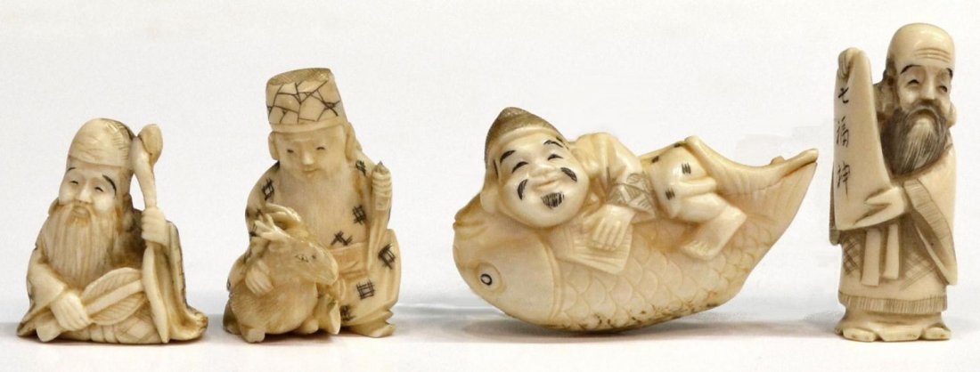 (4) JAPANESE IVORY FIGURAL NETSUKE: **This lot will not be shipped Internationally**(lot of 4) Japanese ivory figural netsuke, each of one of the 'Seven Gods of Good Fortune' and with stained and incised details: (1) Ebisu smiling as he