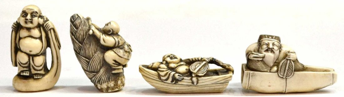 (4) JAPANESE CARVED FIGURAL IVORY NETSUKE: **This lot will not be shipped Internationally** (lot of 4) Japanese ivory netsuke, each with dark pigment accents: (1) Hotei, the 'laughing Buddha', standing on his treasure sack; (1) Hotei holding a