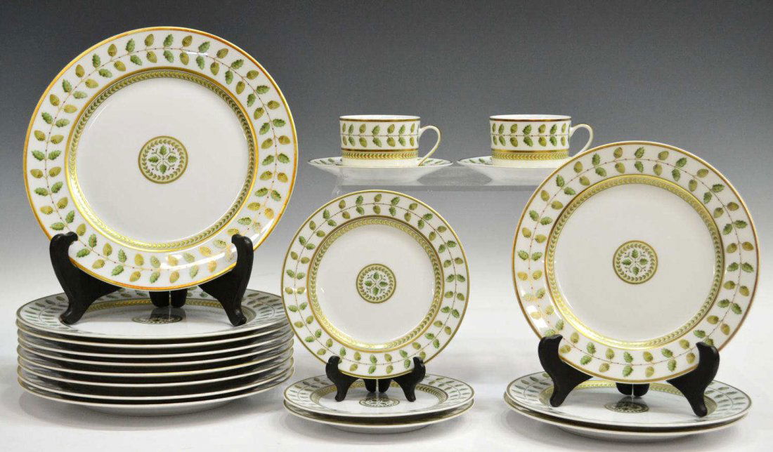 (19) FRENCH BERNARDAUD PORCELAIN DINNER SERVICE: (lot of 19) Fine French porcelain partial dinner service, Bernardaud, France, in the 'Constance' pattern, having gold tone outlined acorn and oak leaves, running sage bands with touches of red and gil