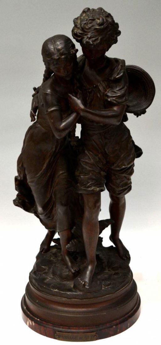 LARGE FRENCH METAL SCULPTURE, AFTER H MOREAU: Large French metal figural group, 'Passage Du Gué, after Francois Hippolyte Moreau (French, 1832-1927), set on a circular marble base with slight chipping, 34"h, 9.75"diam, 33.5lbs **Provenance: From