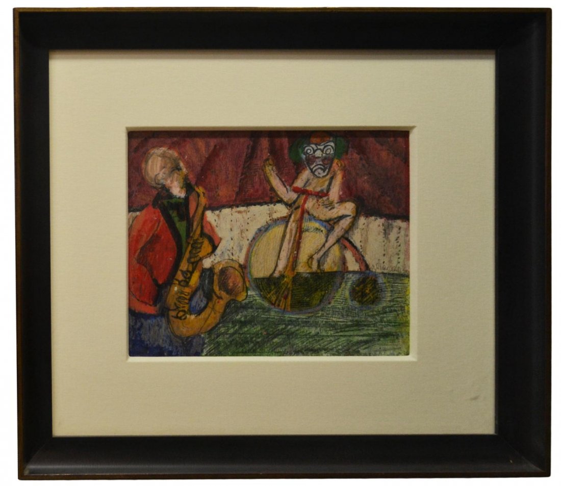 FRAMED PAINTING, MENAHEM HIRSCHAUGA, ISRAEL: Framed pastel painting on wood, Saxophone Player and Bicyclist, signed central right M. Hirschauga (Menahem Hirschauga, Israel, b. 1950), sight: 9.5"h, 11.25"w, overall: 19.25"h, 21.5"w, 4.75lbs Start
