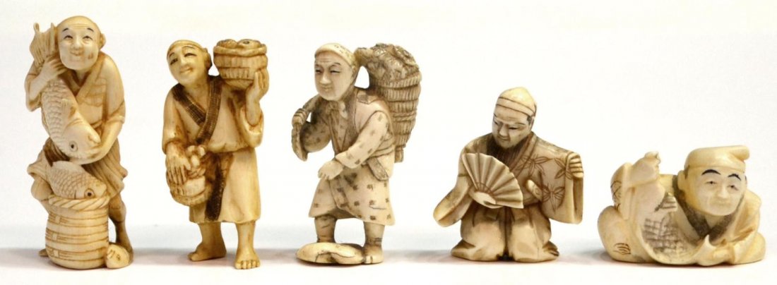 (5) JAPANESE SMALL FIGURAL NETSUKE: **This lot will not be shipped Internationally**(lot of 5) Japanese small figural netsuke, 20th century, each with pigment accents: (1) male dancer with a fan; (1) farmer walking with a bundle of flow