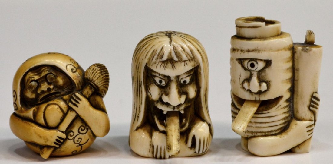 (3) JAPANESE HUMOROUS IVORY NETSUKE: **This lot will not be shipped Internationally**(lot of 3) Japanese ivory netsuke, each with moving tongue or eyes: (1) seated ghost-like figure with an oversize head and menacing expression, its tong