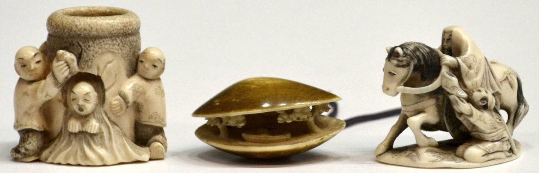 (3) JAPANESE IVORY NETSUKE: **This lot will not be shipped Internationally** (lot of 3) Japanese ivory netsuke: (1) narrative of XX with XX offering a dropped shoe to the Chinese sage rising a horse, well carved with dark pigmen