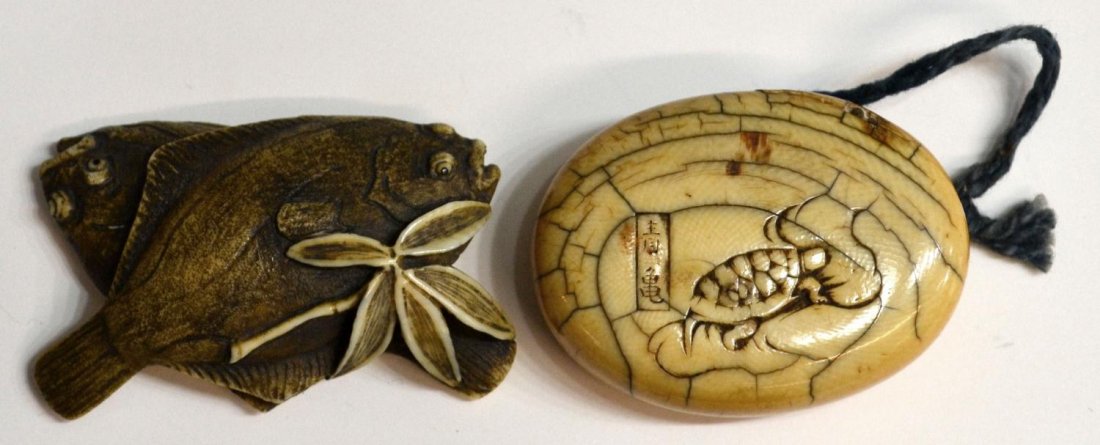 (2) JAPANESE IVORY NETSUKE: **This lot will not be shipped Internationally** (lot of 2) Japanese ivory netsuke, the first an oval manju netsuke, 19th century, carved to either side with a tortoise, signed Seiki/Aogame, numerous 