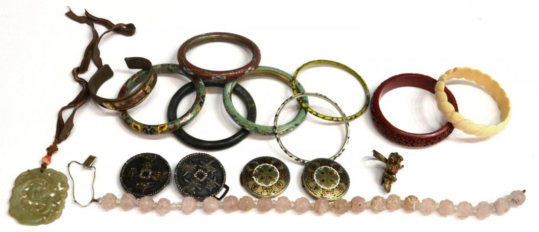 (12) VINTAGE CHINESE & ASIAN ESTATE JEWELRY LOT: (lot) Vintage Chinese and Asian estate jewelry group comprising: (5) varied cloisonne enamel bangles, (1) carved ivory bangle, with staining, (1) dark green jade and (1) cinnabar bangle; (2pc) silver