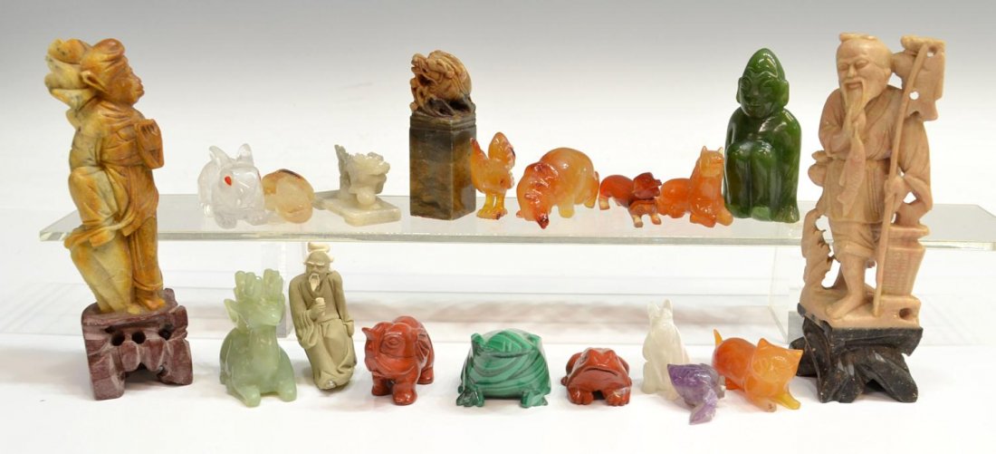 COLLECTION ASIAN & OTHER FIGURAL STONE CARVINGS: (lot of 19) Collection of hard and soft stone figural carvings, highlights include (1) rock crystal carving of a rabbit with applied red eyes, (2) Chinese soapstone figural carvings, a fisherman and a