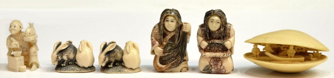 (6) COMPOSITION NETSUKE: **This lot will not be shipped Internationally** (lot of 6) Composition figural netsuke, (2) rabbits, (2) carved and tinted figures, (1) figure with fish, (1) shell with interior scene, largest: 2.75"