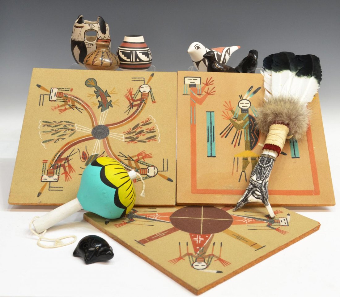 (12) AMERICAN INDIAN & MEXICO ITEMS: (lot of 12) Native American items: (1) sand painting, "The Whispering Rainbow" signed Fred J. Hayes, 12"h, 12"w; (1) sand painting, "Wind Way", signed Fred J. Hayes, chip at on e corner, 12"h, 12"w; (