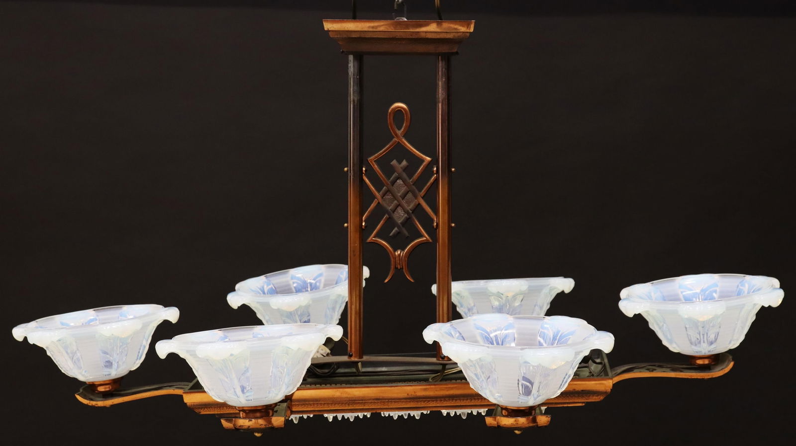 FRENCH ART DECO OPALESCENT GLASS 8-LT CHANDELIER (1 of 4)