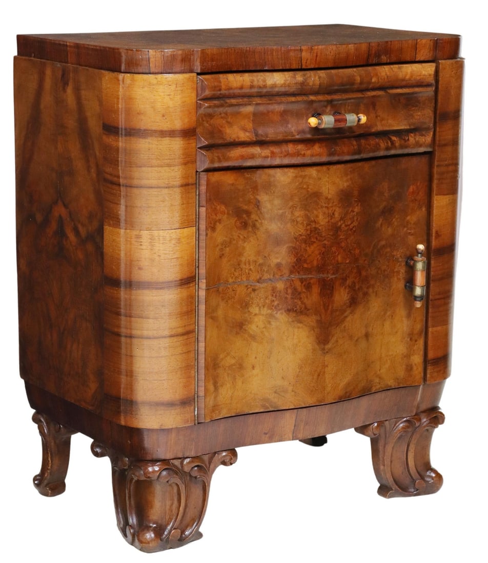 ITALIAN ART DECO BURLED WALNUT BEDSIDE CABINET (1 of 6)