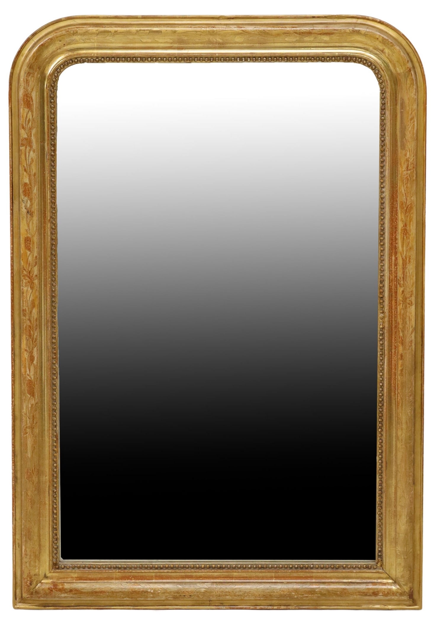 FRENCH LOUIS PHILIPPE GILTWOOD MIRROR, 47.5" X 33": French Louis Philippe period giltwood wall mirror, mid 19th c., having arched frame with incised foliates and beaded trim, encasing later flat mirror plate, approx 47.5"h, 33"w, 33lbs Start Price: $25