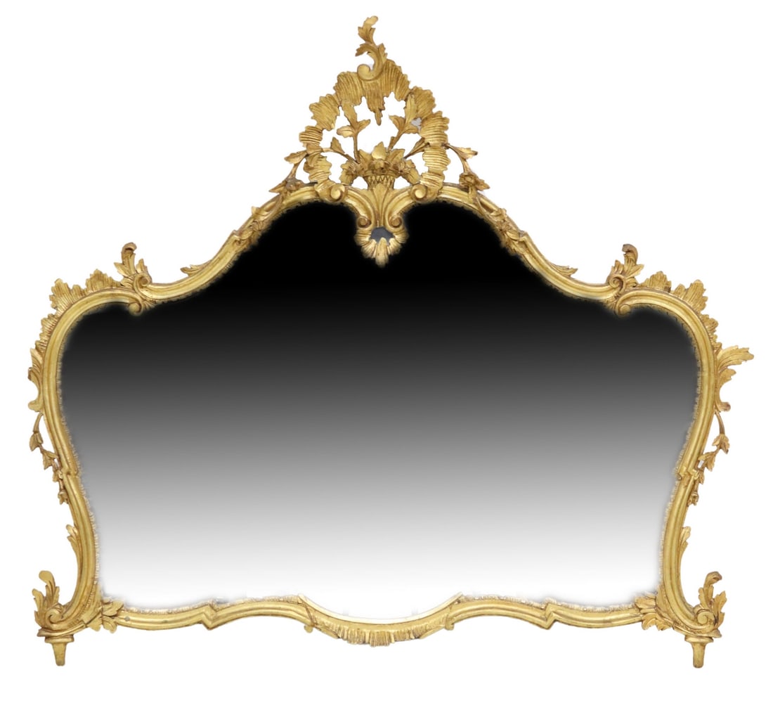 LOUIS XV STYLE GILTWOOD SCROLLED MIRROR: Louis XV style giltwood mirror, late 19th c., having fanned crest, over shaped frame with scrolled foliate motifs, encasing flat mirror plate, some loss and repair to crest and raised elements, approx
