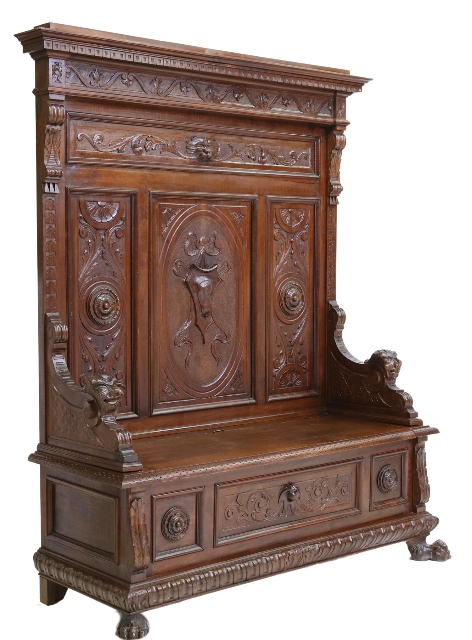 ITALIAN RENAISSANCE REVIVAL WALNUT HALL BENCH (1 of 5)