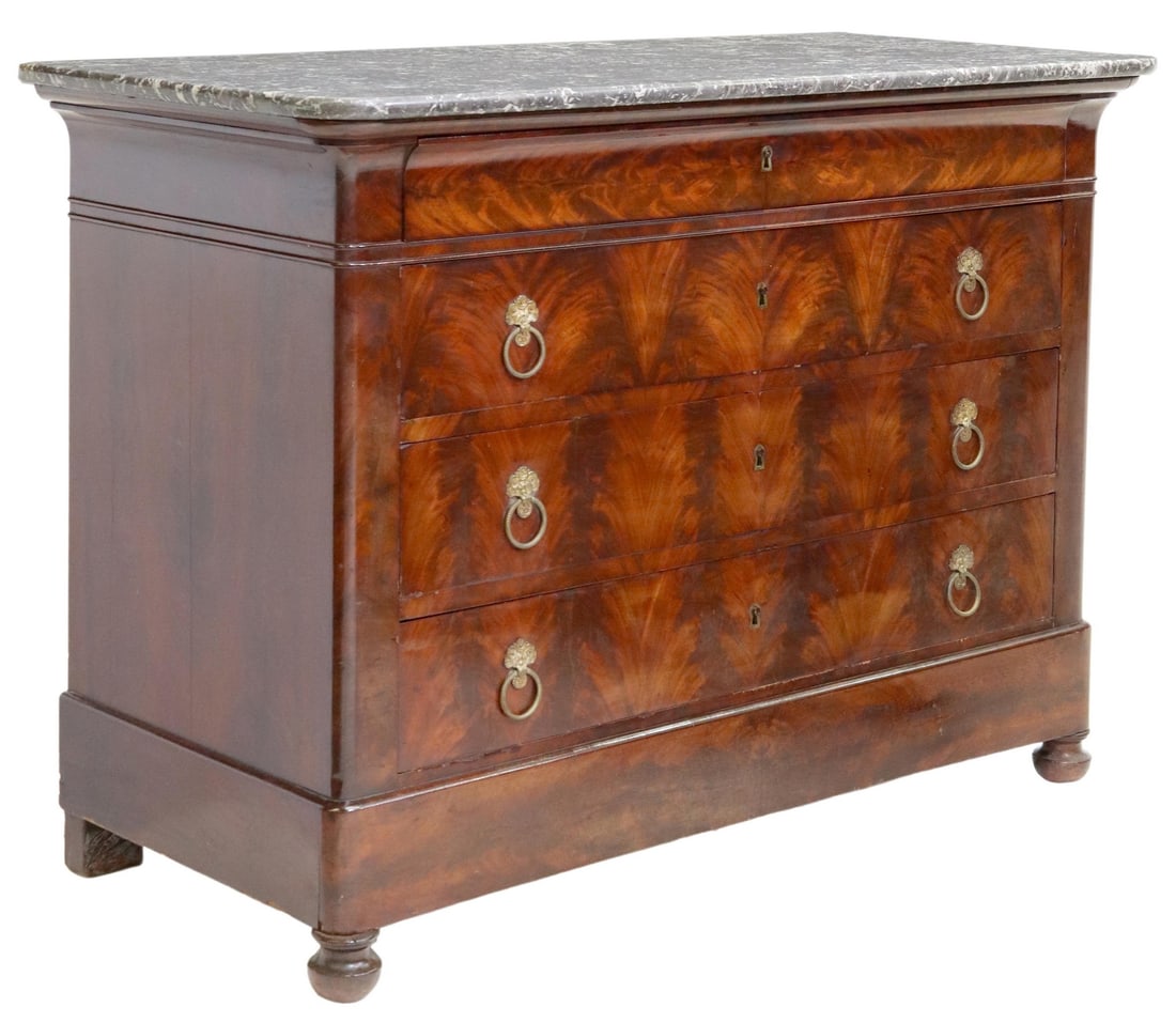 FRENCH LOUIS PHILIPPE FLAME MAHOGANY COMMODE (1 of 5)