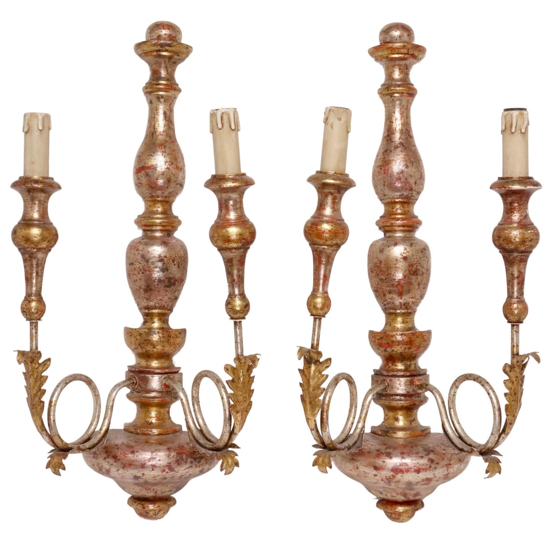 (2) ITALIAN SILVER & GOLD GILTWOOD 2-LIGHT SCONCES (1 of 2)