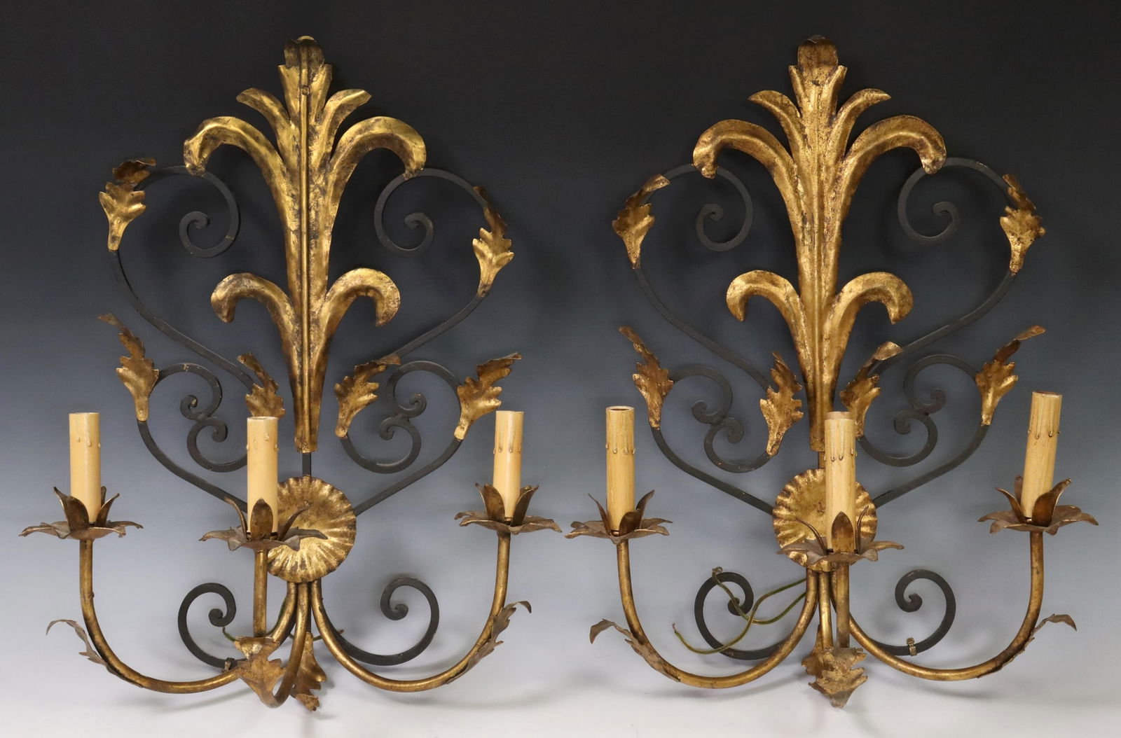 (2) PARCEL GILT ITALIAN WROUGHT IRON 3-LT WALL SCONCES (1 of 2)