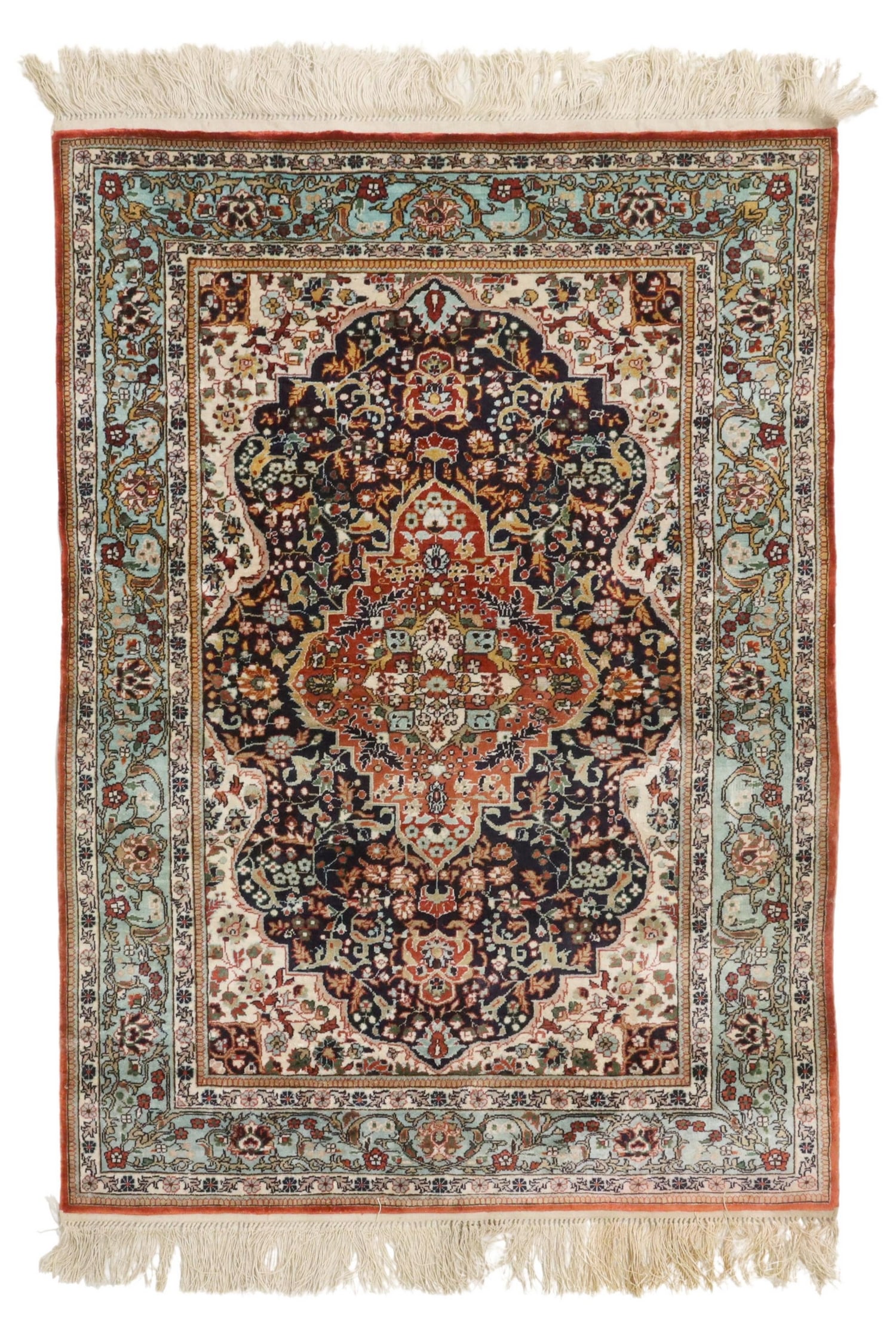 HAND-TIED CHINESE FRINGED SILK RUG, 3' X 2' (1 of 3)