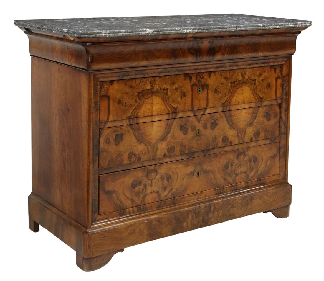 FRENCH LOUIS PHILIPPE MARBLE-TOP BURLWOOD COMMODE (1 of 5)