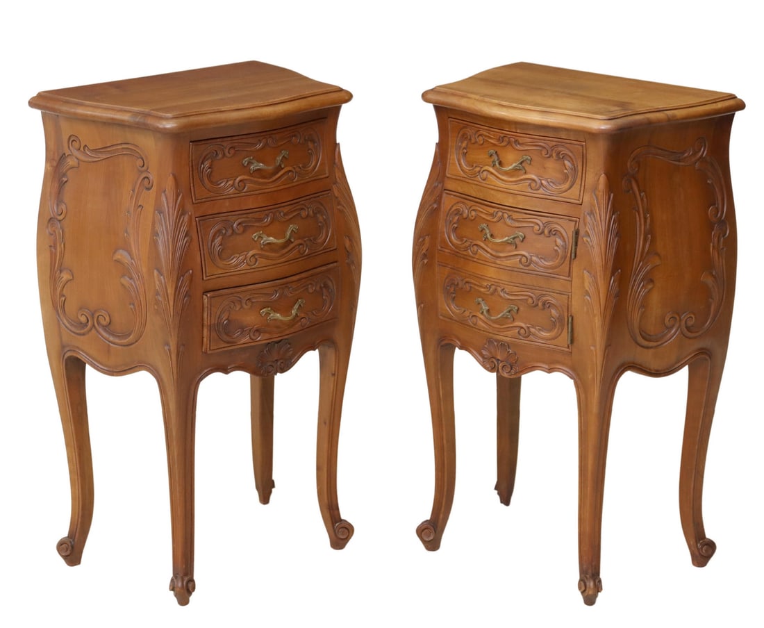 (2) FRENCH LOUIS XV STYLE WALNUT NIGHTSTANDS: (lot of 2) French Louis XV style walnut nightstands, 20th c., each having shaped case, carved with foliate scrollwork, rising on cabriole legs, ending on whorl feet, including: (1) fitted with three d