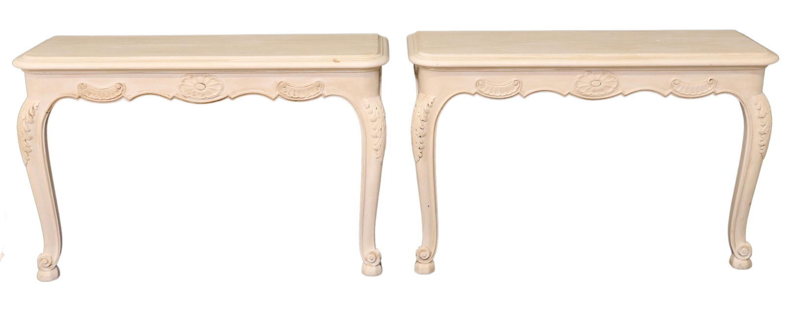 (2) LOUIS XV STYLE PAINTED WALL-MOUNTED CONSOLES: (pair) French Louis XV style console tables, 20th c., each in a painted finish, having shaped top over scalloped apron, rising on cabriole legs, ending on whorl feet, approx 29"h, 44"w, 14.5"d Start P