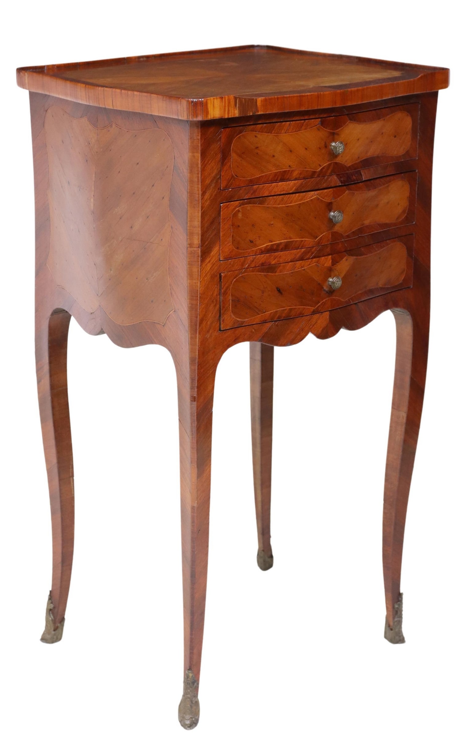 LOUIS XV STYLE INLAID MATCHED VENEER NIGHTSTAND: Louis XV style matched veneer nightstand, late 19th c., having shaped top, over three drawers with inlaid stringwork, rising on cabriole legs, ending on sabots, approx 27.5"h, 15"w, 13.25"d Start Pric