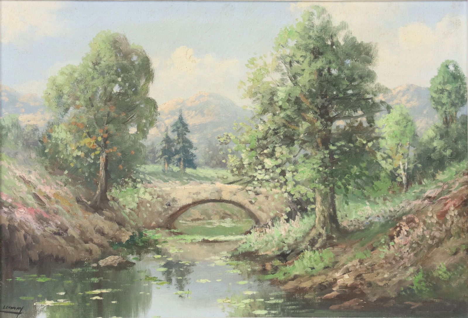 LUCIEN CHANAY (20TH C.) PAINTING STONE ARCH BRIDGE (1 of 4)