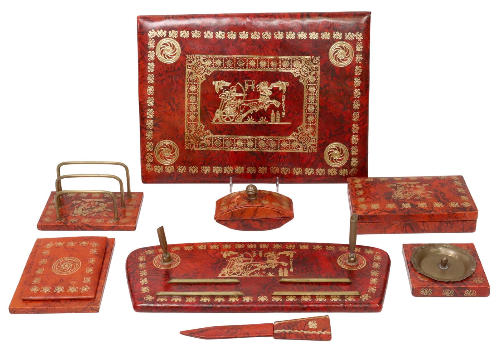 (8) GILT METAL MOUNTED RED MARBLEIZED DESK SET (1 of 5)