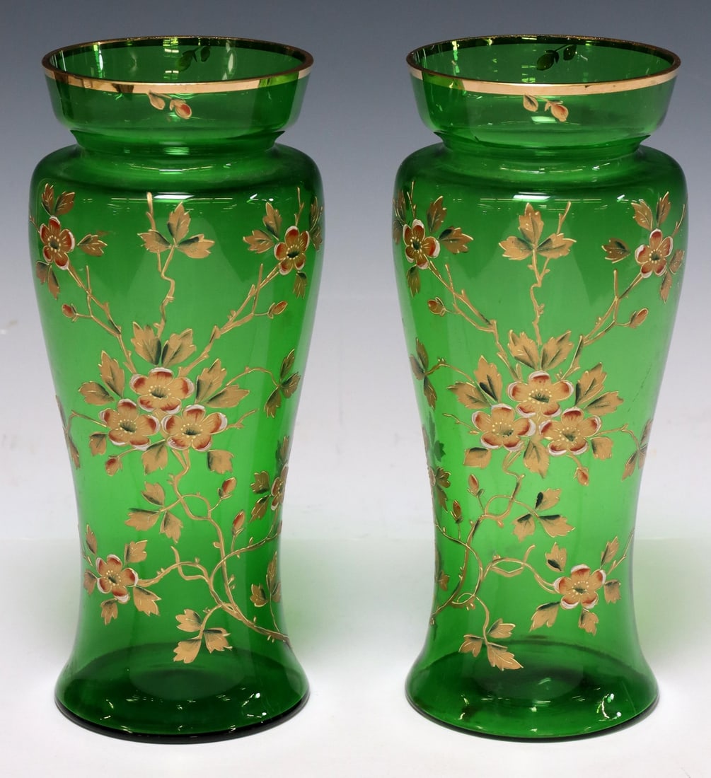 (2) CONTINENTAL GILT ENAMELED GREEN GLASS VASES (1 of 4)