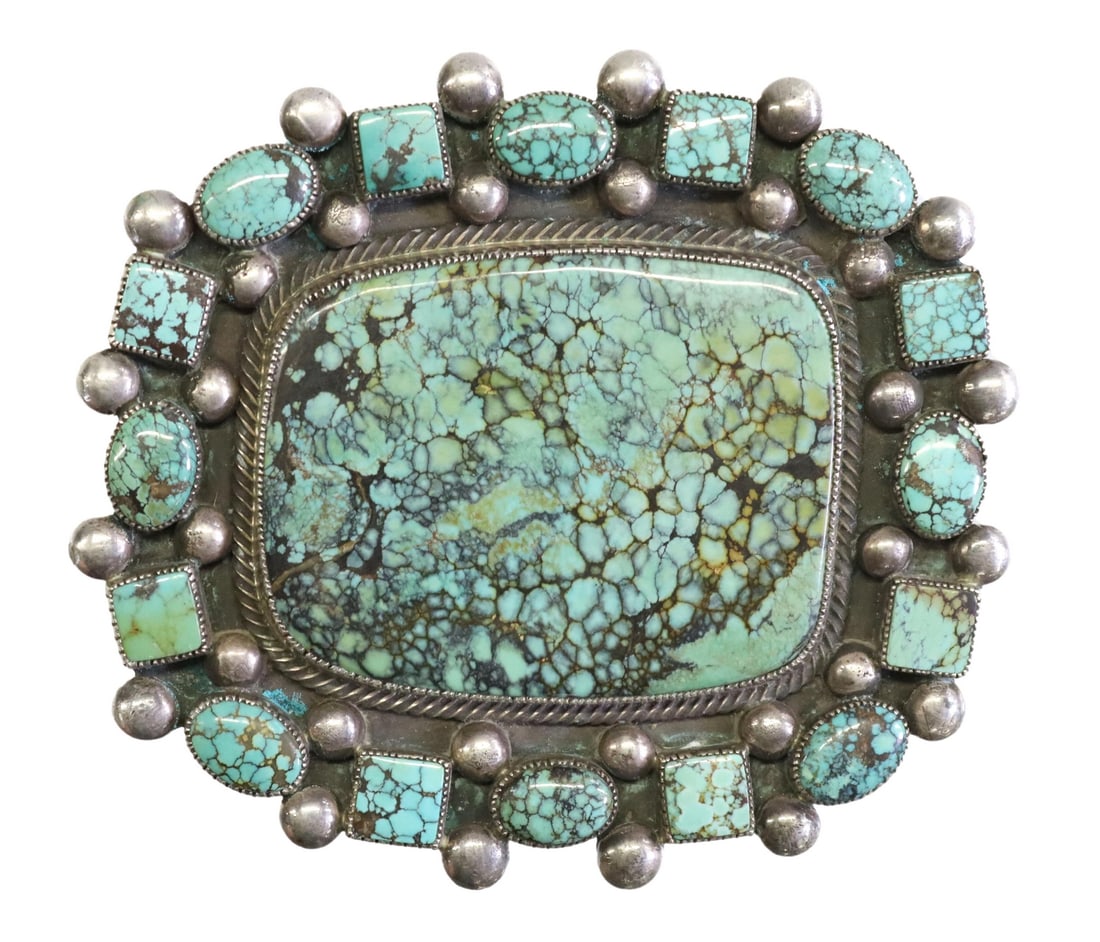 LARGE NATIVE AMERICAN SILVER & TURQUOISE BUCKLE (1 of 3)