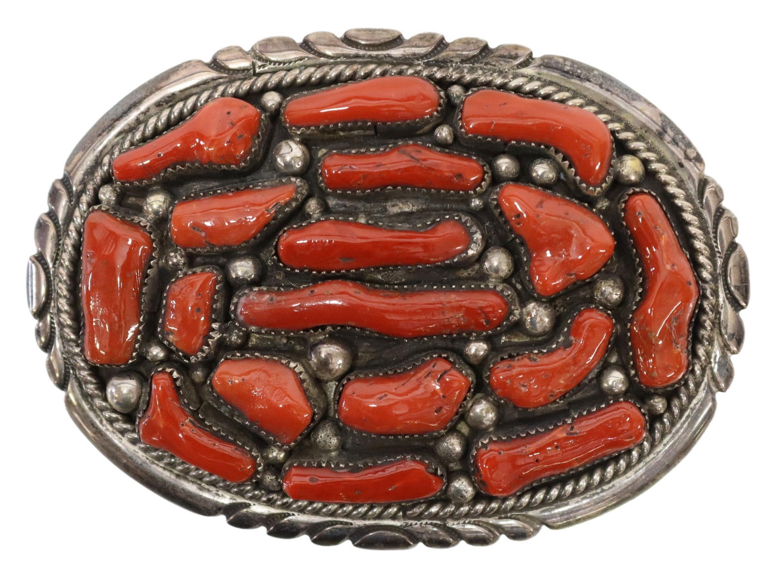 NATIVE AMERICAN STERLING SILVER & RED CORAL BUCKLE (1 of 3)