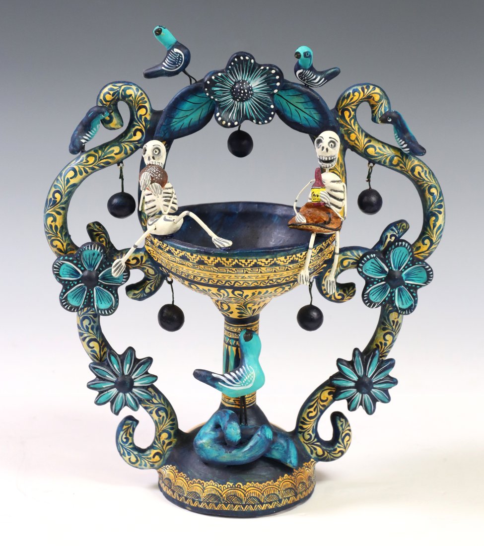 ALFONSO CASTILLO ORTA (MX, D2009) FOLK ART POTTERY: Polychrome painted folk art pottery three-light skeleton candelabrum, initialed AMC verso (Alfonso Castillo Orta, Izucar de Matamoros, Puebla, Mexico, 1944-2009), approx 8.5"h, 5"w, 3.5"d, 1.1lbs **PL