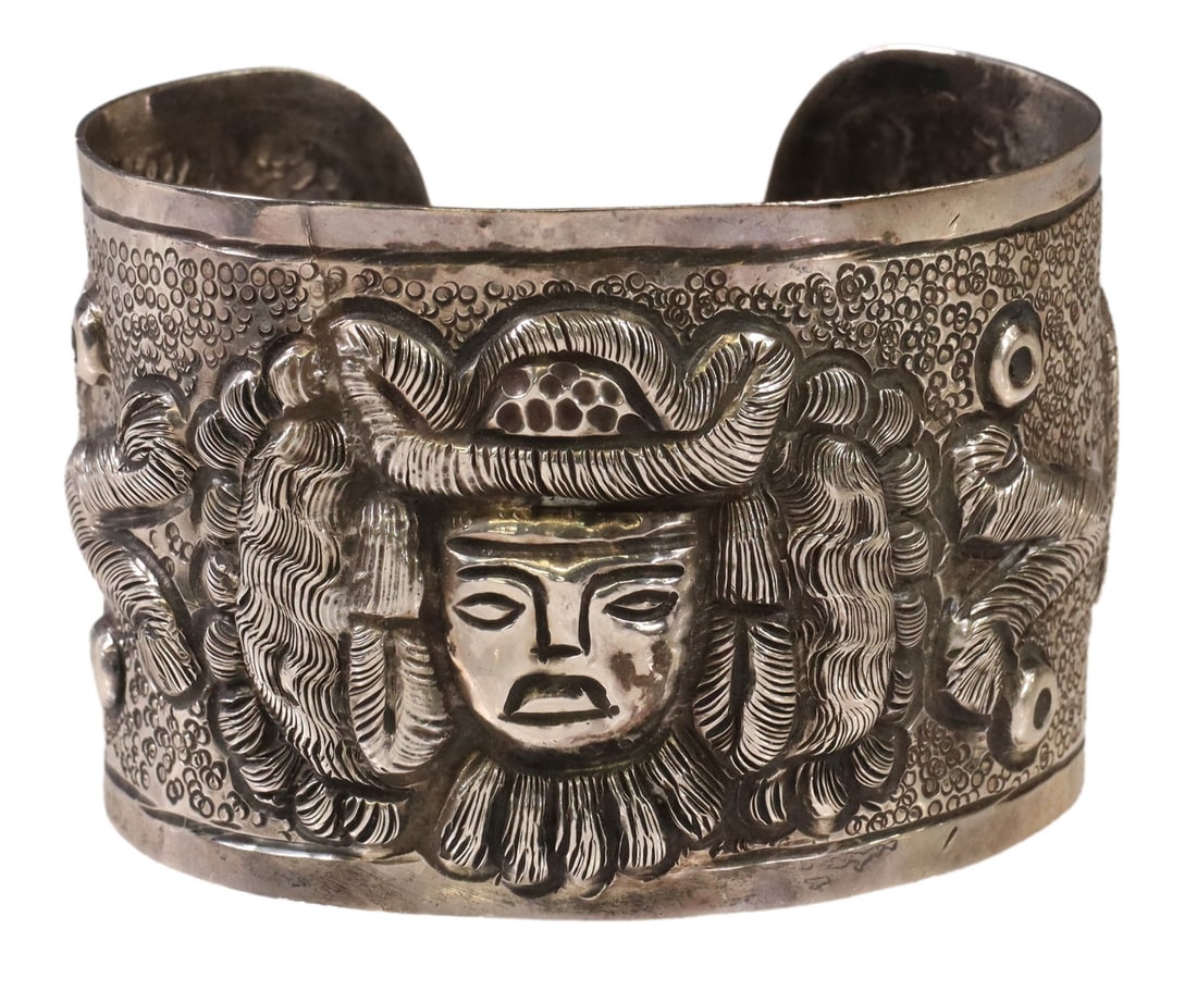 SANBORNS STERLING AZTEC MOTIF WIDE CUFF BRACELET (1 of 5)