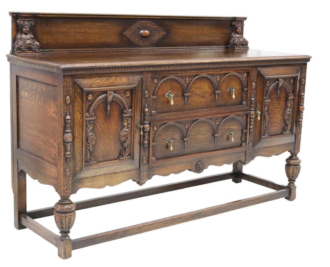 ENGLISH JACOBEAN STYLE CARVED OAK SIDEBOARD (1 of 6)
