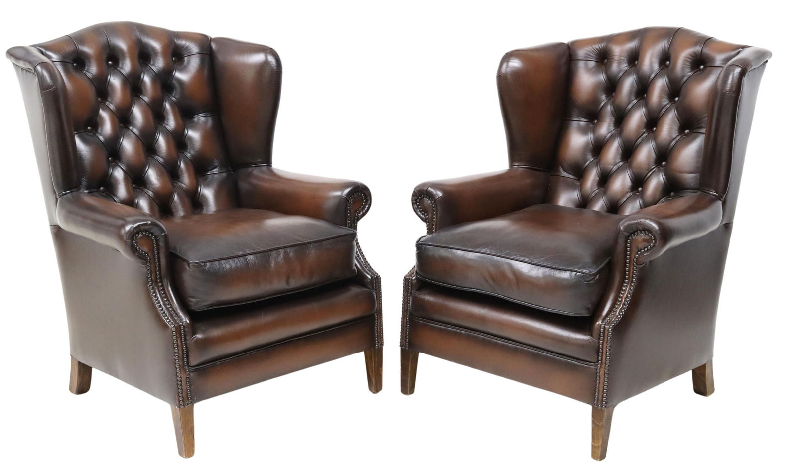 (2) ENGLISH TUFTED BROWN LEATHER WING ARMCHAIRS (1 of 4)