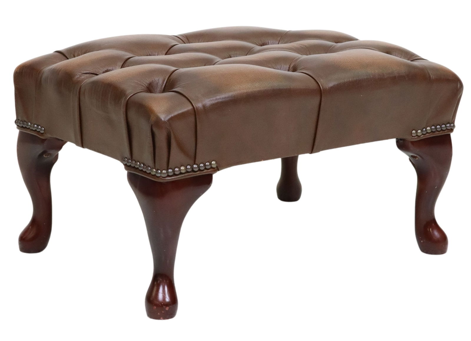 QUEEN ANNE STYLE BUTTON-TUFTED LEATHER FOOTSTOOL (1 of 4)