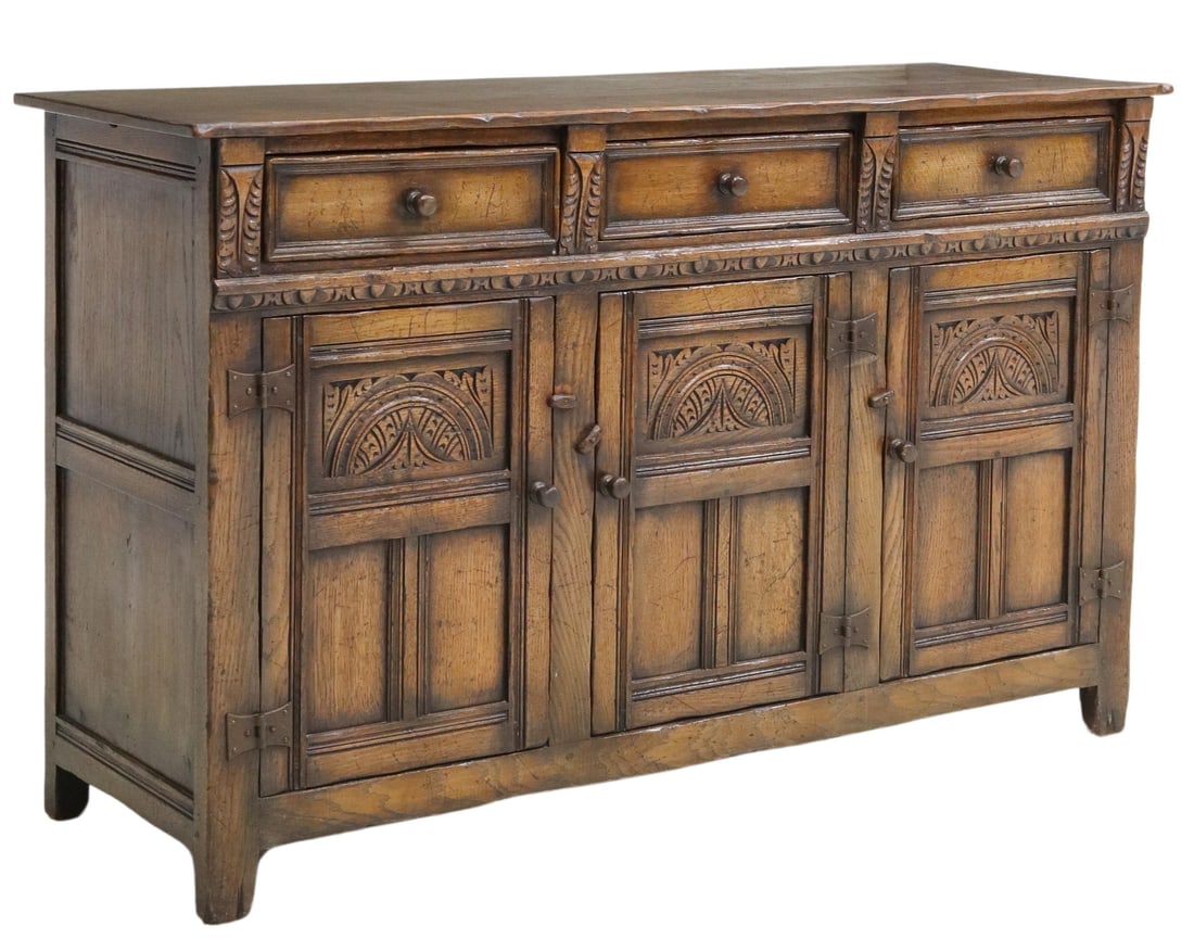 ENGLISH JACOBEAN STYLE CARVED OAK SIDEBOARD (1 of 6)