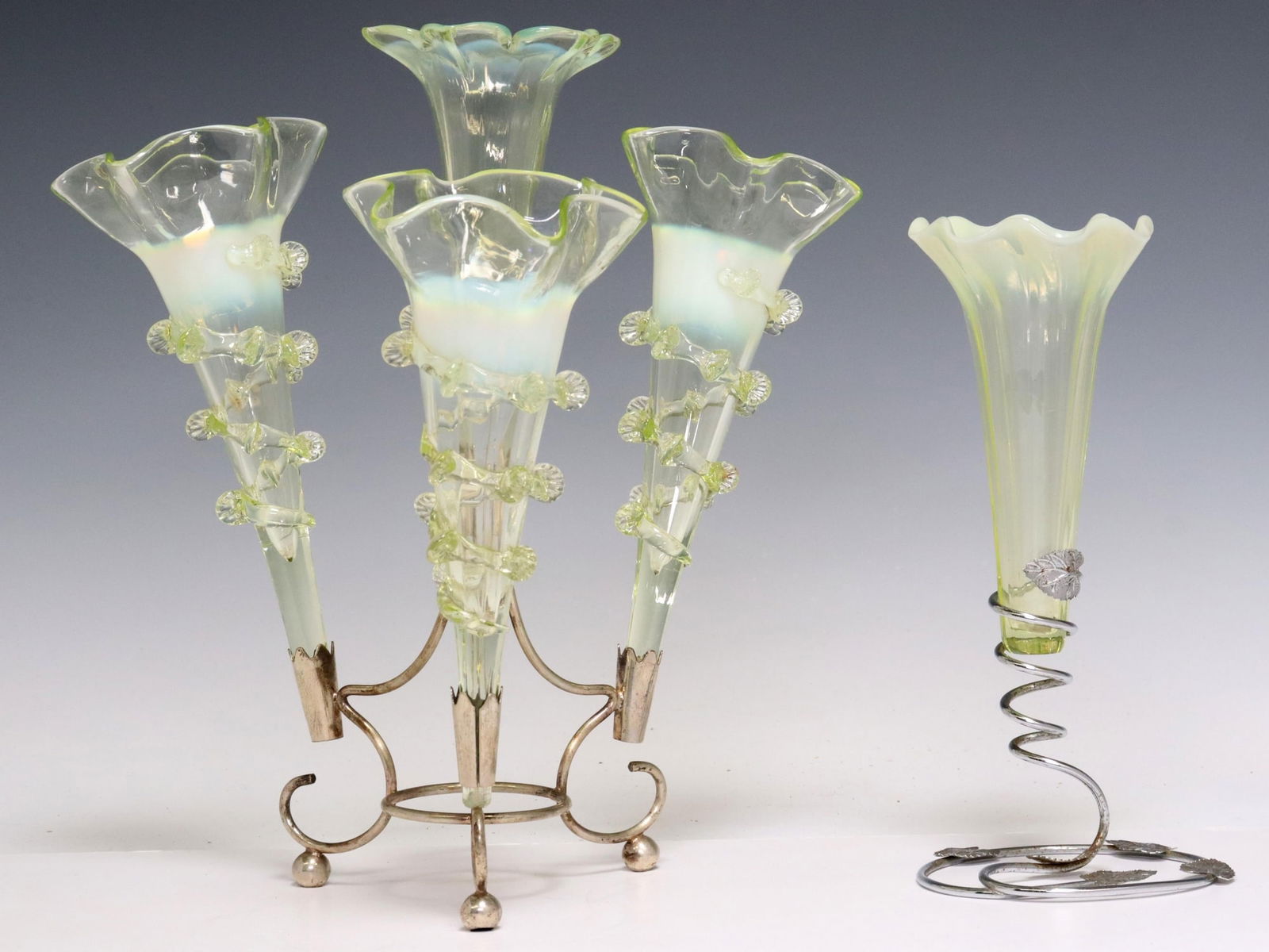 (2) OPALESCENT VASELINE GLASS EPERGNE CENTERPIECES (1 of 7)