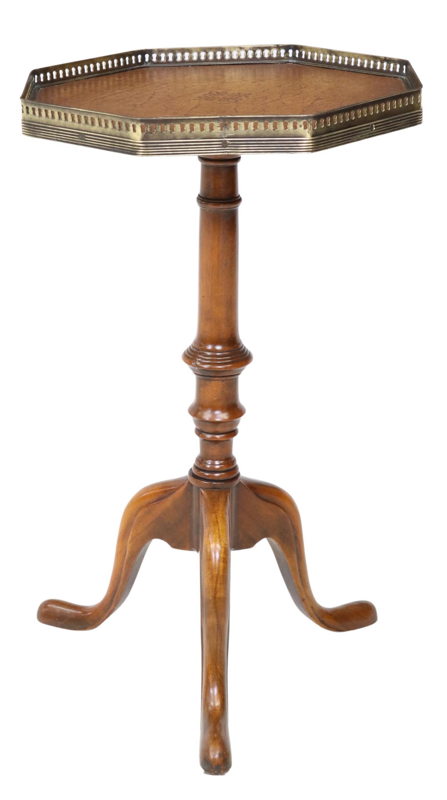 THEODORE ALEXANDER (ATTRIB) LEATHER-TOP SIDE TABLE: English leather top wine tasting side table, attributed to Theodore Alexander, 20th c., having pierced gallery, hexagonal shaped top, inset leather, center pedestal, rising on three scrolled legs, app