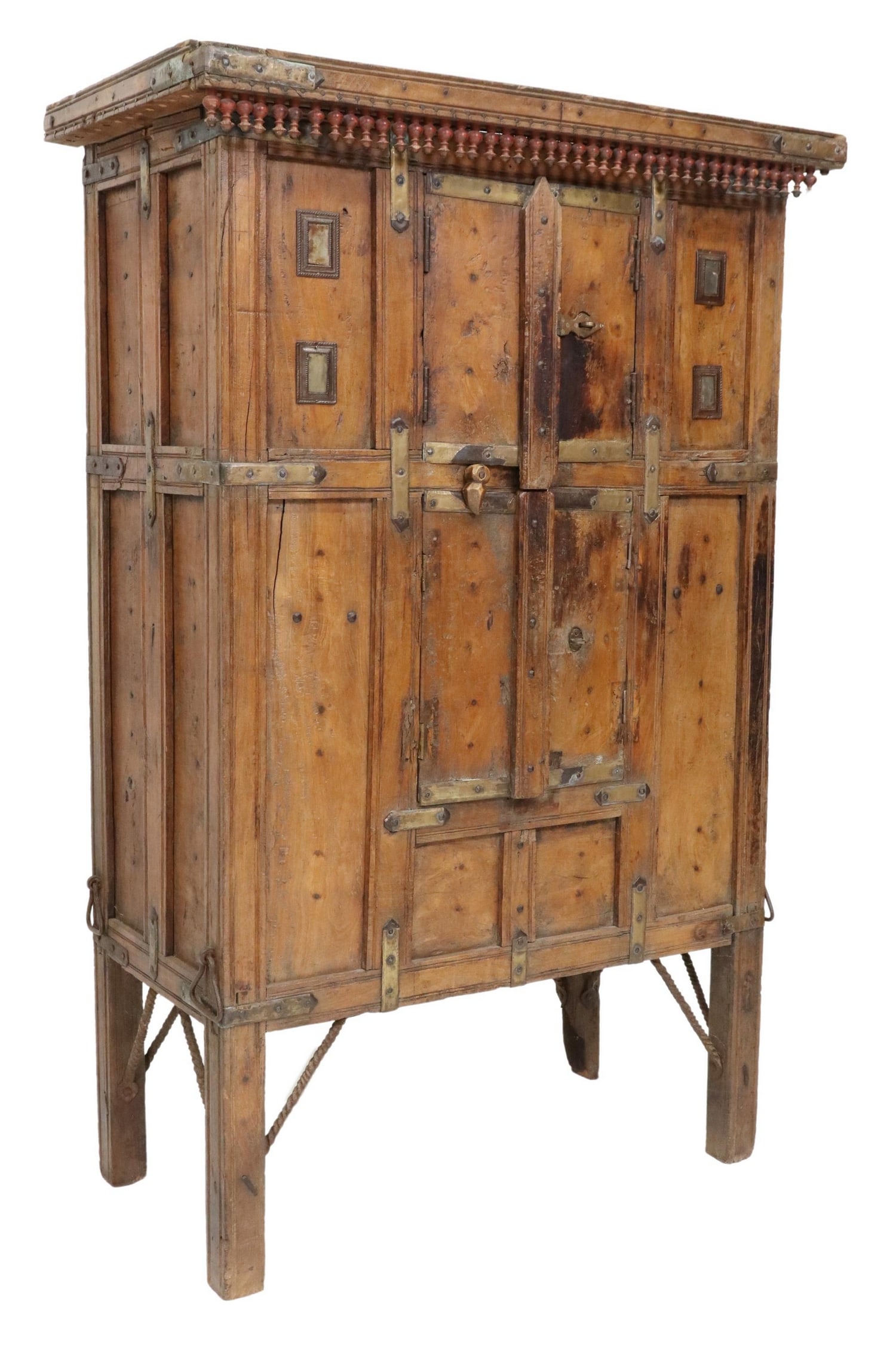 RUSTIC SPINDLED & CARVED WOOD CABINET, INDIA (1 of 4)