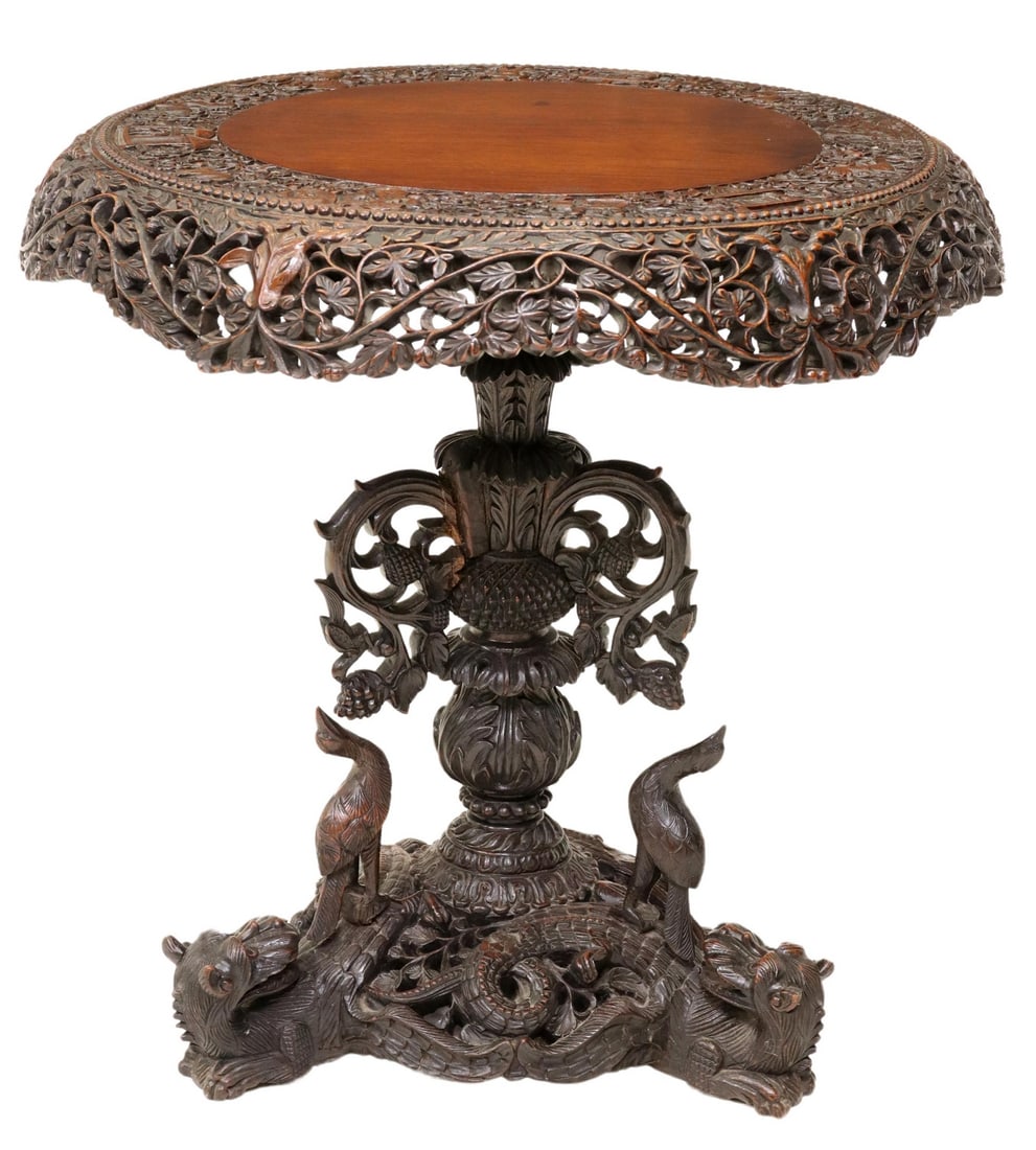 BURMESE FINELY CARVED MAHOGANY TILT-TOP TABLE (1 of 5)