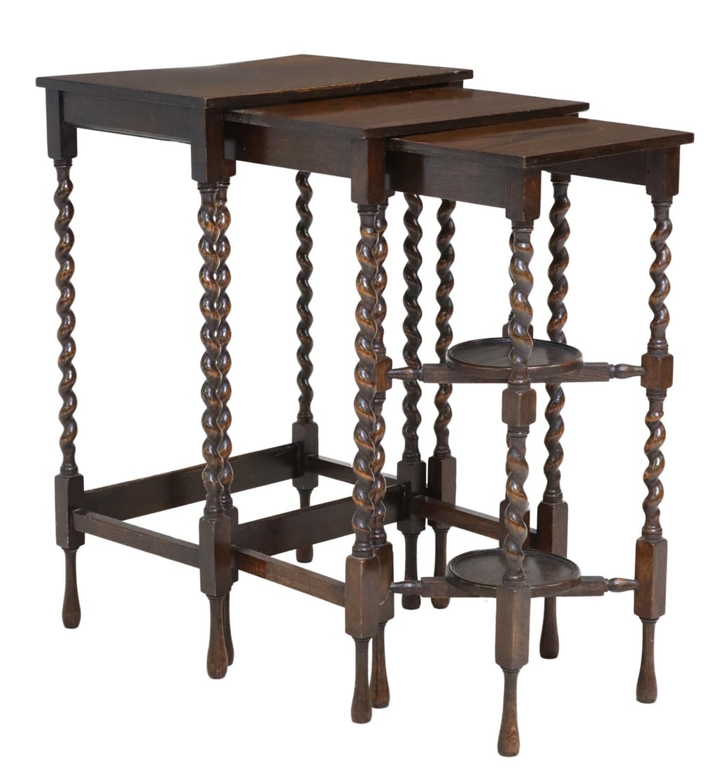 (3) ENGLISH OAK BARLEY TWIST NESTING TABLES (1 of 7)