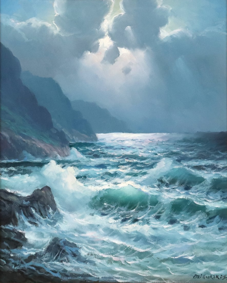 ALEXANDER DZIGURSKI II (B.1968) SEASCAPE 20" X 16": Framed oil on canvas painting, Moonlight Waves, signed lower right Dzigurski II (Alexander Dzigurski II, b.1968), sight: approx 19.5"h, 15.5"w, overall: 27"h, 23"w, 7lbs Start Price: $400.00