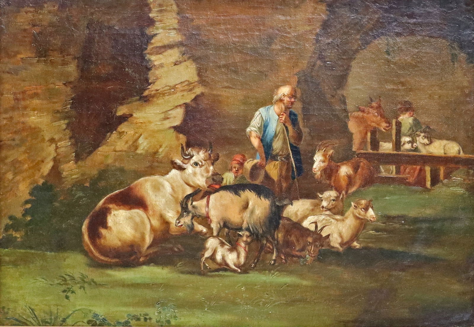 (2) AFTER FRANCESCO LONDONIO PASTORAL PAINTINGS: (lot of 2) Framed oil on canvas paintings, Pastoral Scenes with Shepherds and Livestock, after Francesco Londonio (Italian, 1723-1783), sight: approx 13.25"h, 19.25"w, overall: 17.25"h, 23.25"w; 7.25l